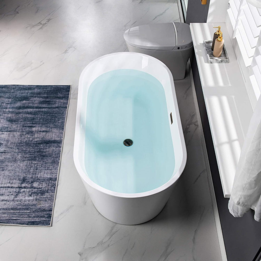WOODBRIDGE 59' Acrylic Freestanding Bathtub Contemporary Soaking Tub, White Acrylic (Oil Rubbed Bronze Drain/Overflow),B0014 ORB Drain &O