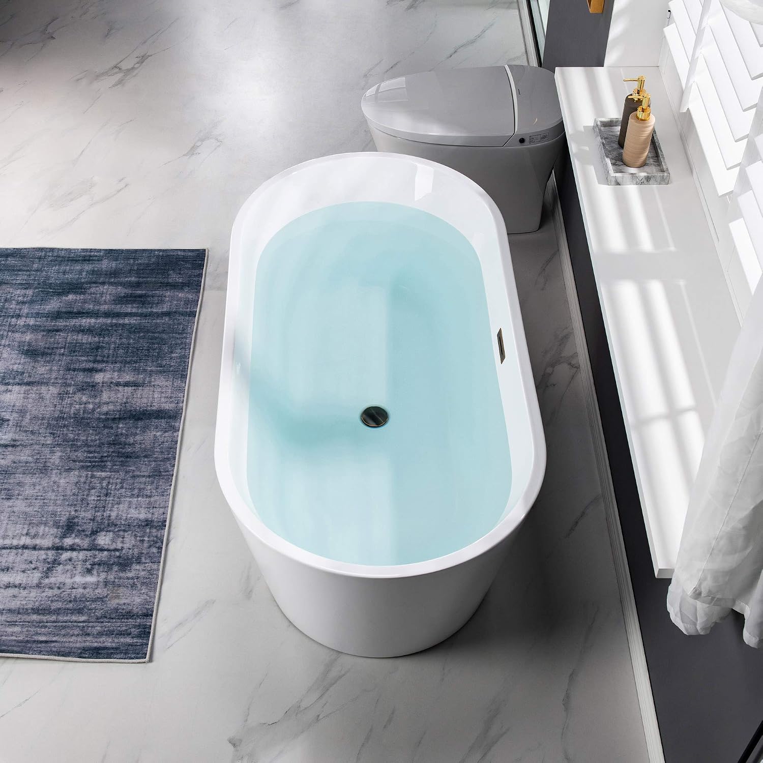 WOODBRIDGE 59' Acrylic Freestanding Bathtub Contemporary Soaking Tub, White Acrylic (Oil Rubbed Bronze Drain/Overflow),B0014 ORB Drain &O