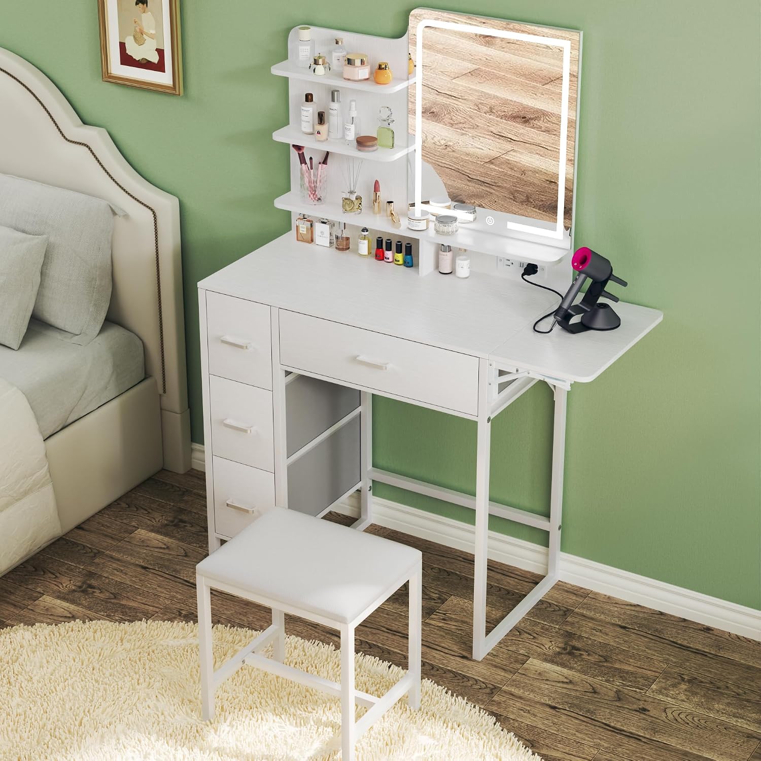 ALEXNUTRE Makeup Vanity Desk with Mirror and Lights, 36.6' Small Makeup Vanity with 4 Fabric Storage Drawer & Chair & Shelves, White Vanity with Fold-up Panel and Power Outlet for Bedroom