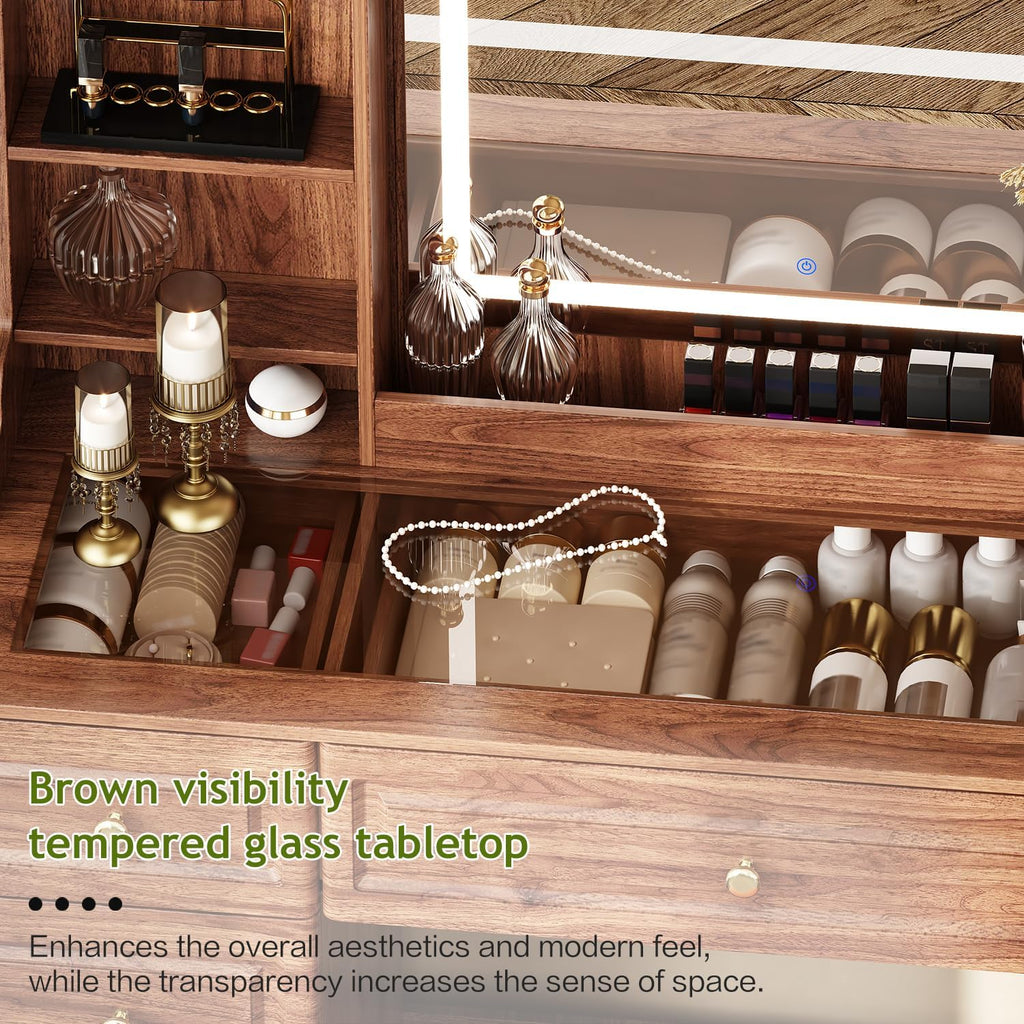Arulvmrn 43' Makeup Vanity Desk with Mirror and Lights, & Power Outl, Glass Top Big Vanity Table with 9 Drawers& 8 Storage Shelves, Dressing Table Set with Chair for Bedroom, Brown