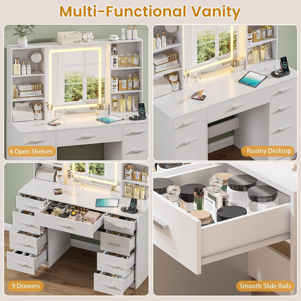 Vanity Desk with Mirror and Lights, Makeup Vanity Desk with 9 Drawers & 6 Shelves, Make up Vanity, Dressing Table with Touch Screen Mirror & Power Outlet, White Vanity for Girls Women, Bedroom