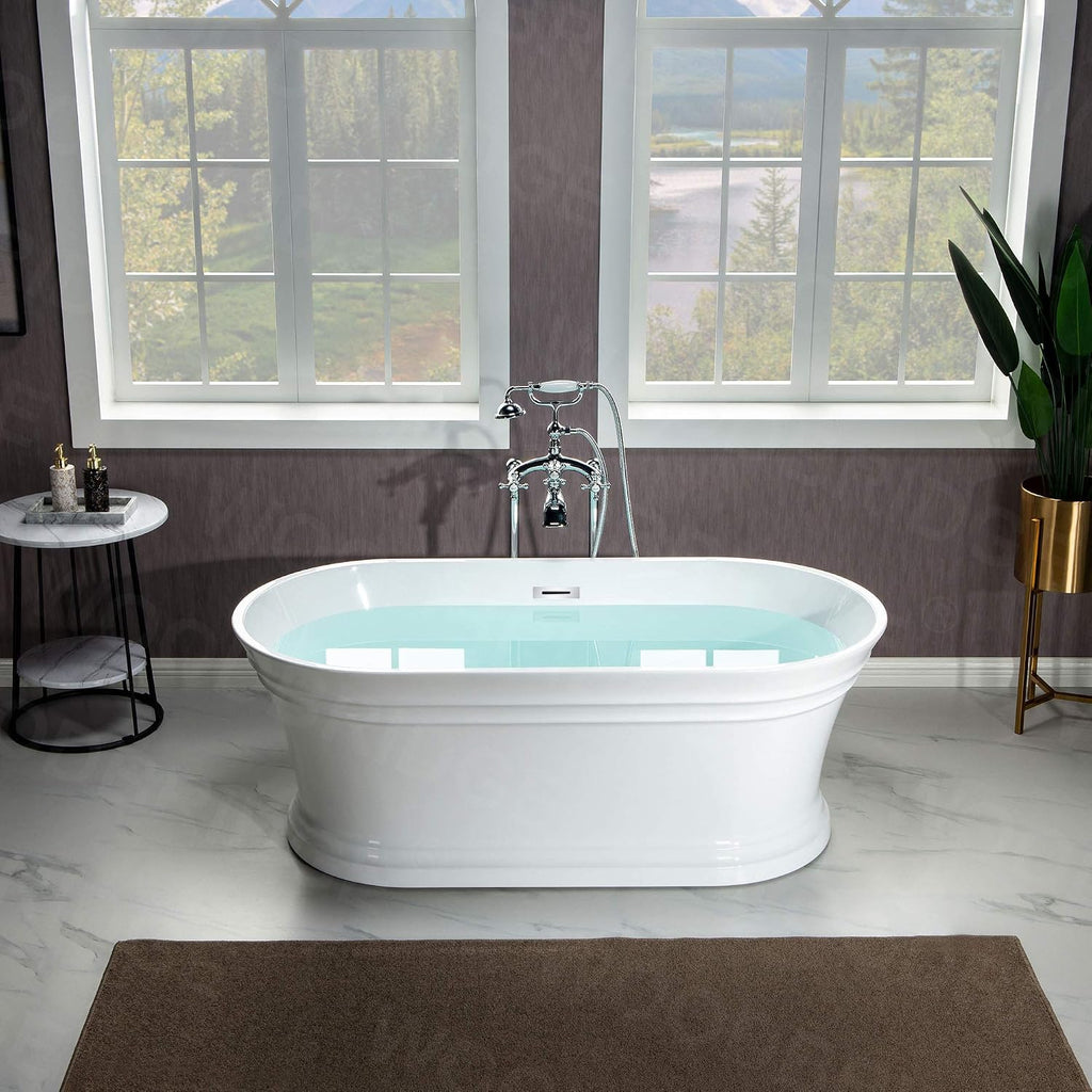 WOODBRIDGE 59'Freestanding White Acylic Soaking Bathtub with White Pillow,Drain and Overflow inChrome,BTA1536 -C-Drain &O+ Pillow