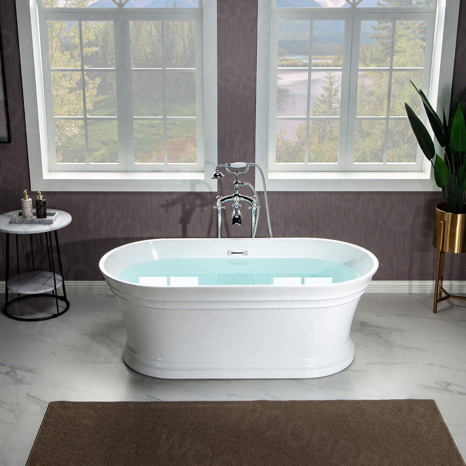 WOODBRIDGE 59'Freestanding White Acylic Soaking Bathtub with White Pillow,Drain and Overflow inChrome,BTA1536 -C-Drain &O+ Pillow