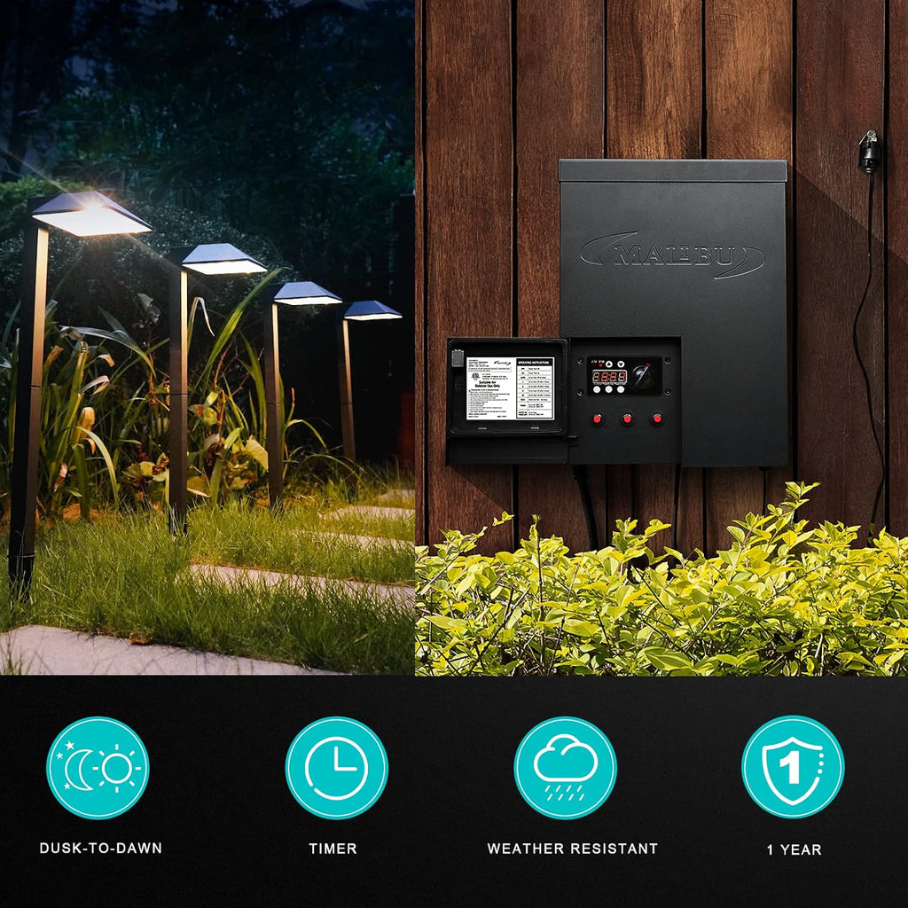 Malibu Low Voltage Transformer 900W with Sensor Photo Cell and Weather Shield for Low Voltage Landscape Lighting Spotlight Pathway Lights Outdoor Garden Landscape Transformer, Black