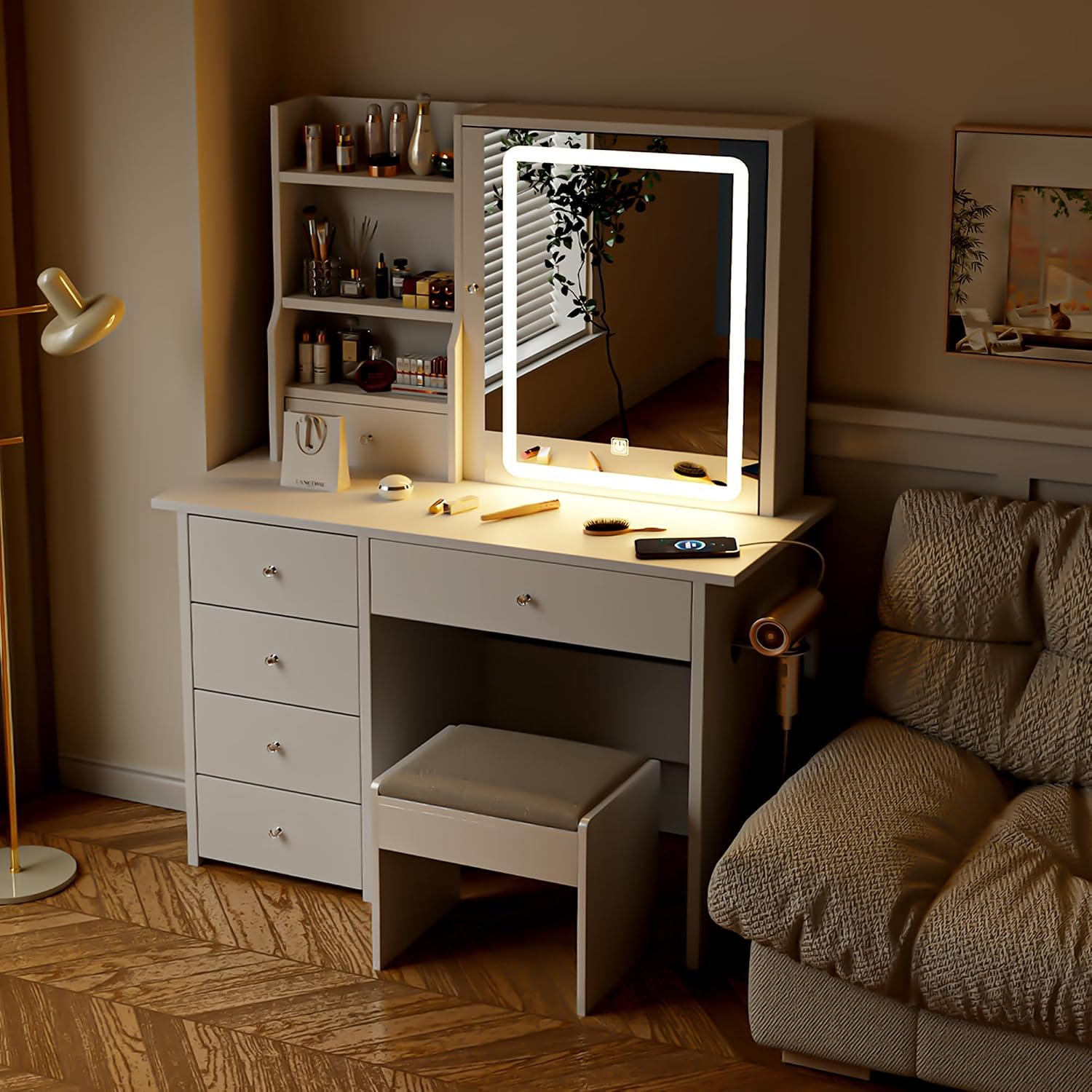 Vanity Desk with Mirror and LED Lights, Makeup Vanity Set with Power Outlet, and Stool,Jewelry Storage,White Vanity Desk for Bedroom