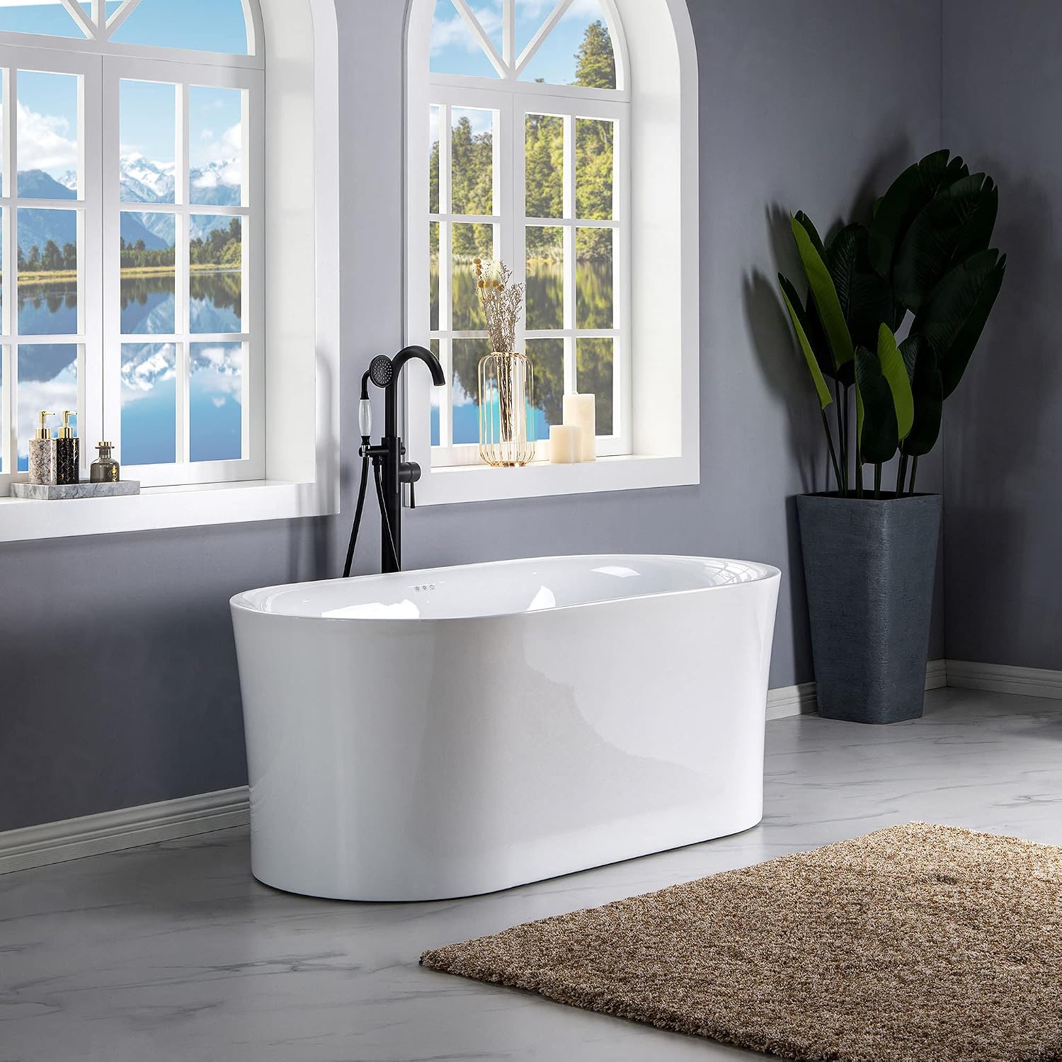 WOODBRIDGE 67' Acrylic Freestanding Bathtub Contemporary Soaking White Tub with Oil Rubbed Bronze Overflow and Drain,B0101-ORB
