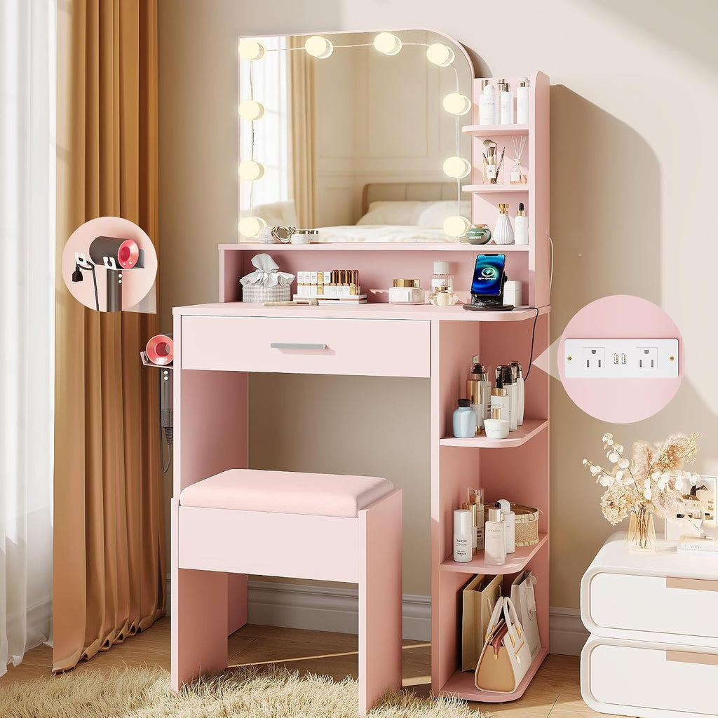 wanan Makeup Vanity with Chair, Small Vanity Desk with Mirror and Lights 3 Colors, Girls Vanity Set with Power Outlet, Compact Vanity Table for Small Space, Pink