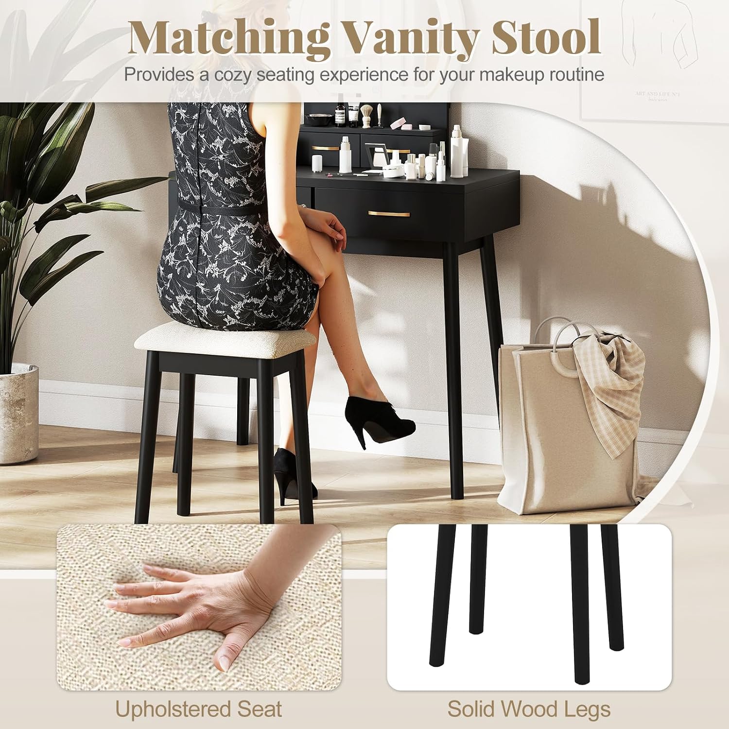 COSTWAY Small Vanity Desk with Mirror and Lights, Makeup Table with 4 Drawers, Vanity Stool, Round Lighted Mirror, 3 Color Modes, Dressing Table Set for Bedroom Small Space (Black)