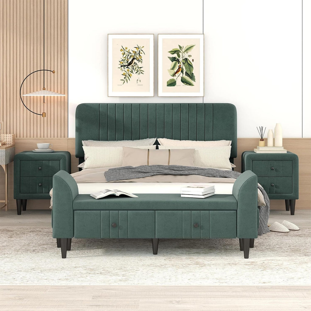 KLMM Elegant 4-Pieces Bedroom Sets Queen Size Upholstered Platform Bed with Two Nightstands and Storage Bench, No Box Spring Needed (Green#M^)