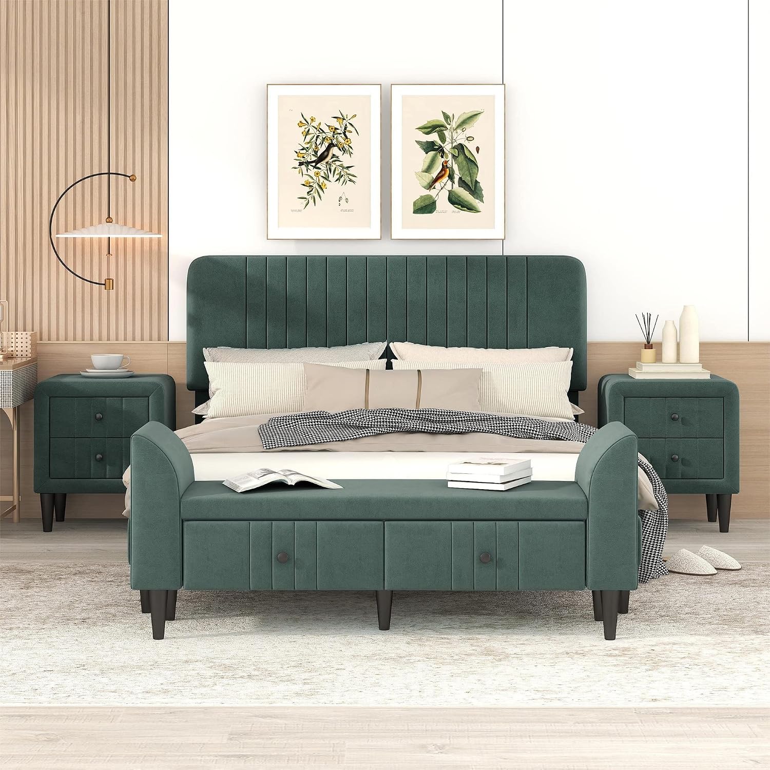 KLMM Elegant 4-Pieces Bedroom Sets Queen Size Upholstered Platform Bed with Two Nightstands and Storage Bench, No Box Spring Needed (Green#M^)