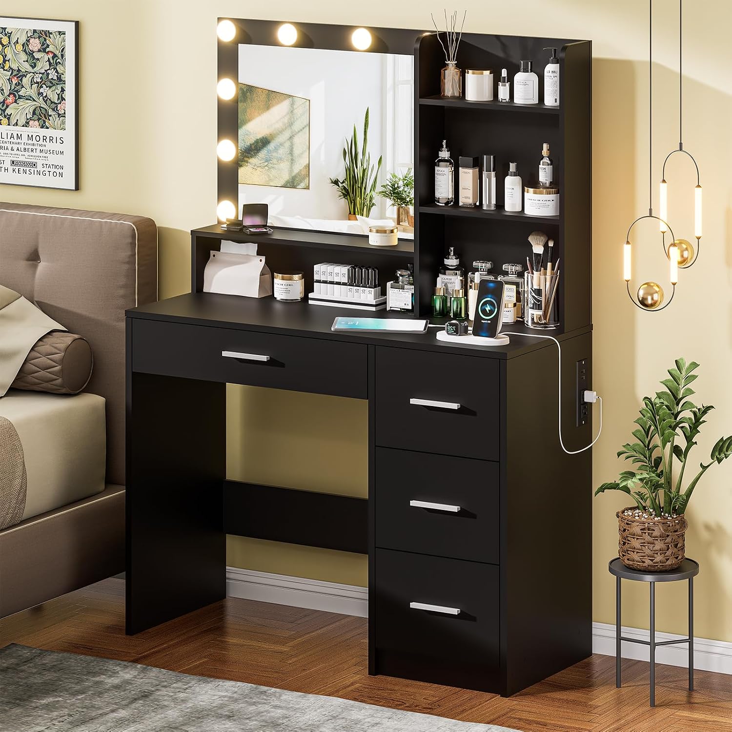 Vanity Desk with Lighted Mirror, Black Vanity with 4 Drawers,Makeup Vanity with Storage Shelves and Power Outlet,10 Lights with 3 Color Modes Brightness Adjustable for Girls' Bedroom (Black)
