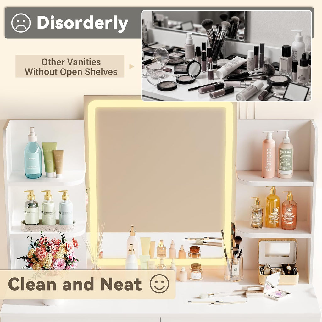 YESHOMY 35.4' Vanity Desk with LED Mirror and Lights,Makeup Vanity Set with 2 Storage Drawers, 2 Side Shelves, 1 Storage Bench and Open Storage Shelves, 3 Color Modes, for Bedroom, Classic White