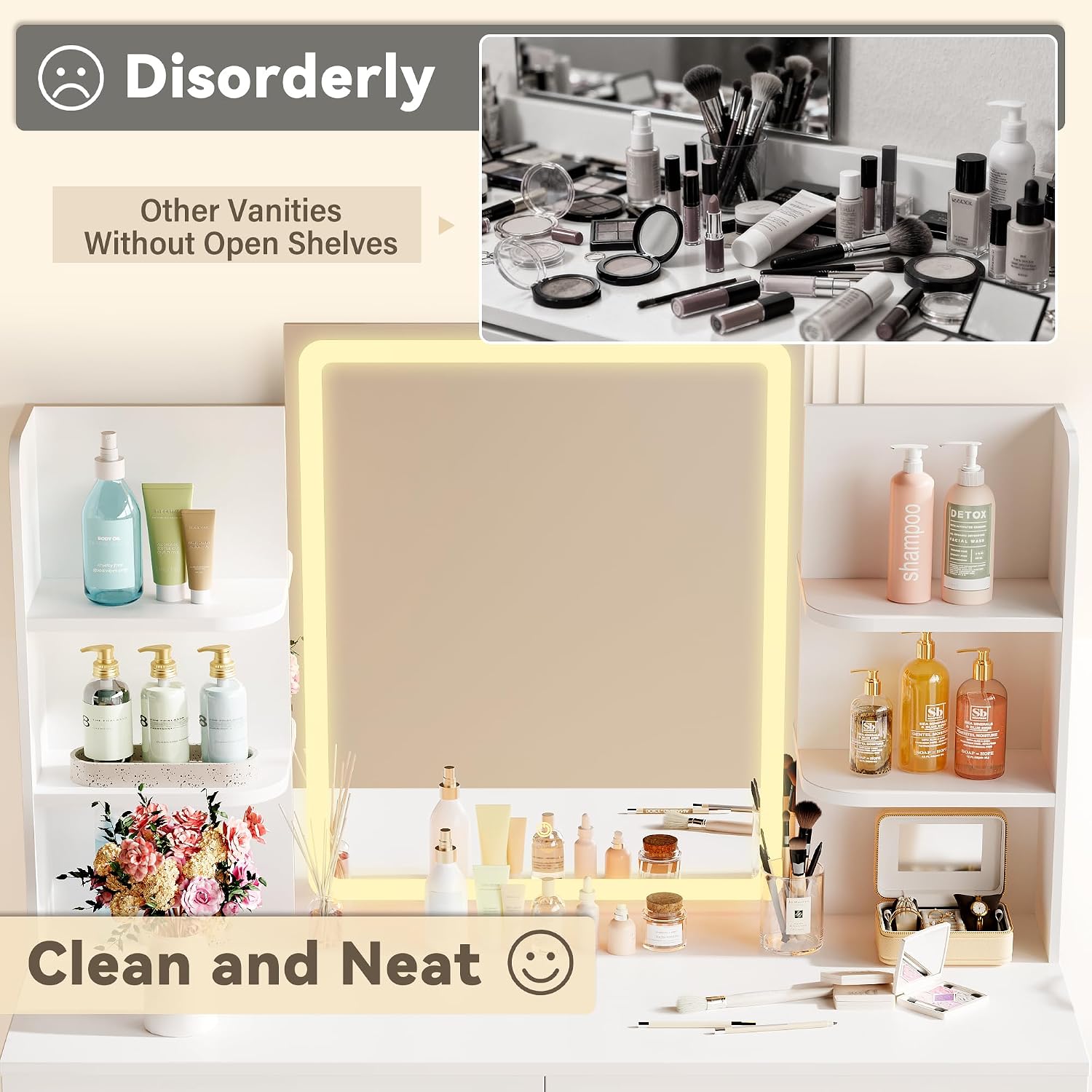 YESHOMY 35.4' Vanity Desk with LED Mirror and Lights,Makeup Vanity Set with 2 Storage Drawers, 2 Side Shelves, 1 Storage Bench and Open Storage Shelves, 3 Color Modes, for Bedroom, Classic White