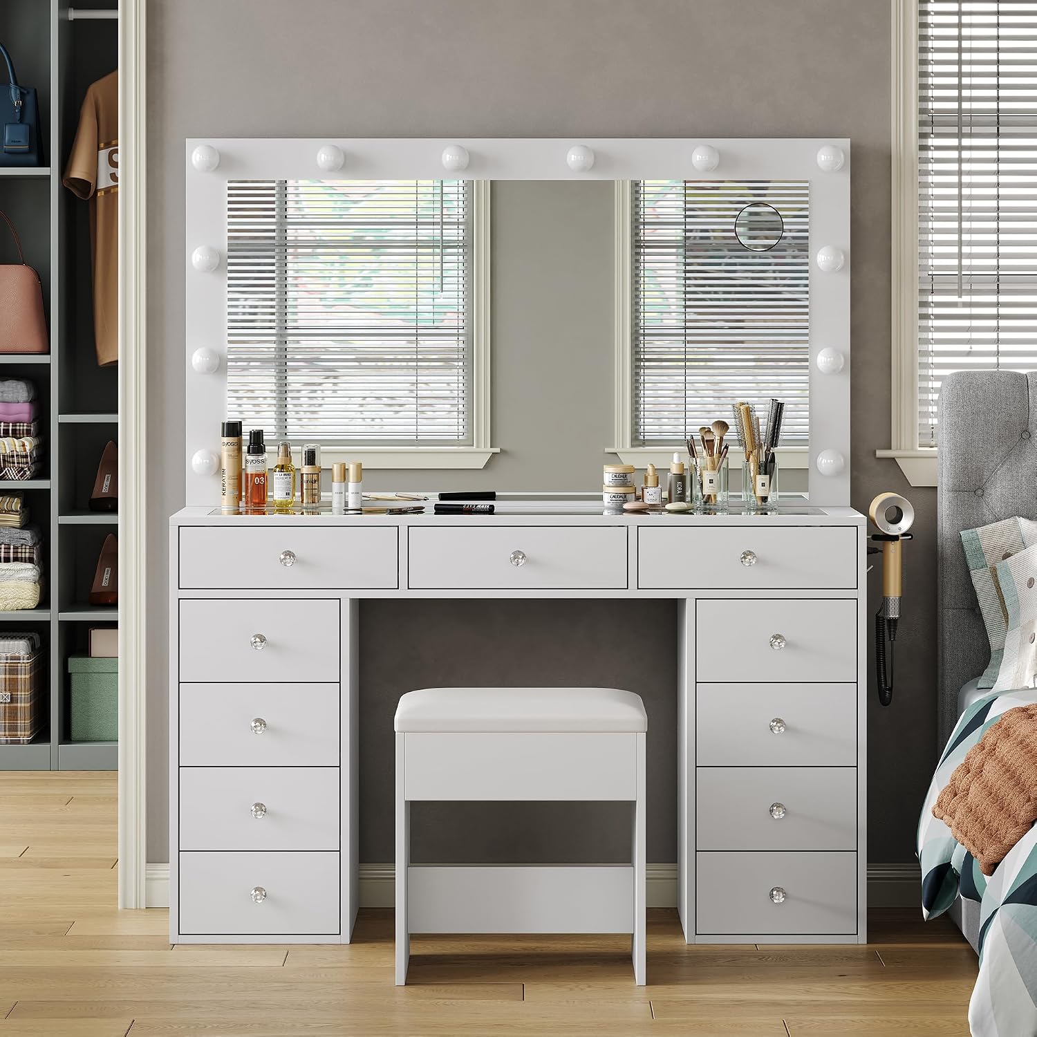 FUSOU Vanity Desk with Power Outlet, Makeup Vanity with Mirror and 12 LED Lights, 3 Lighting Modes,11 Drawers Vanity Table with Chair, Glass Top, Dressing Table for Bedroom,Dressing Room, White