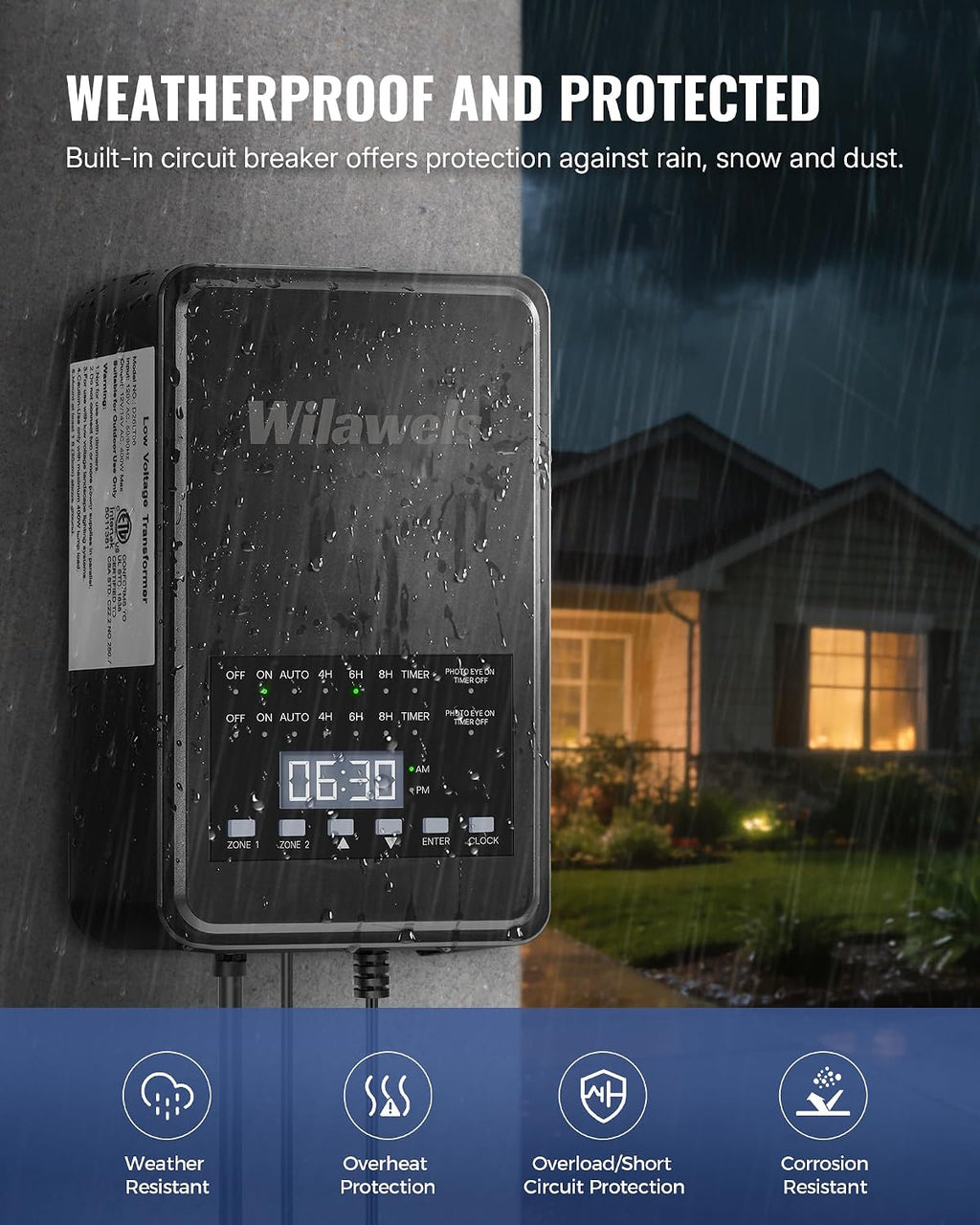 400W Low Voltage Landscape Transformer, 2 Zone Independent Control 120VAC to 12/14V AC Low Voltage Transformer, Landscape Lighting Transformer with Timer & Photocell Sensor ETL Listed D28LT06