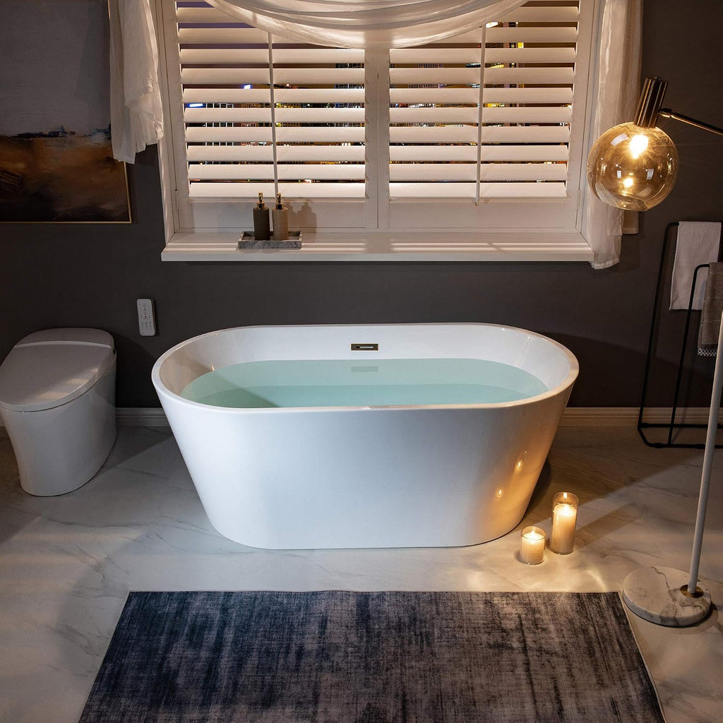 WOODBRIDGE 59' Acrylic Freestanding Bathtub Contemporary Soaking Tub, White Acrylic (Oil Rubbed Bronze Drain/Overflow),B0014 ORB Drain &O