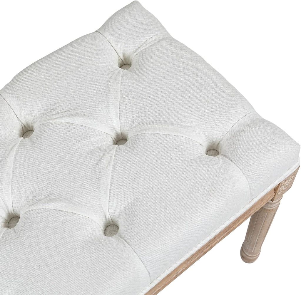HOMCOM Bedroom End of Bed Bench, 46' Upholstered Entryway Bench with Button Tufted, Thick Padding and Wood Legs, French Vintage Style Linen-Feel Ottoman Bench for Hallway, Living Room, Cream White