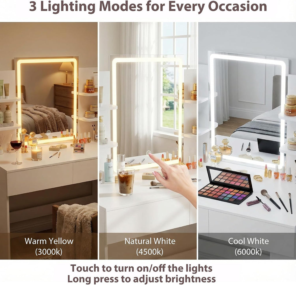 Furmax Vanity Desk with Mirror and LED Lights, Makeup Vanity Table with 3 Lighting Color, Adjustable Brightness, Vanity Table with 2 Drawers, Side Storage, for Bedroom (White, with Bench)