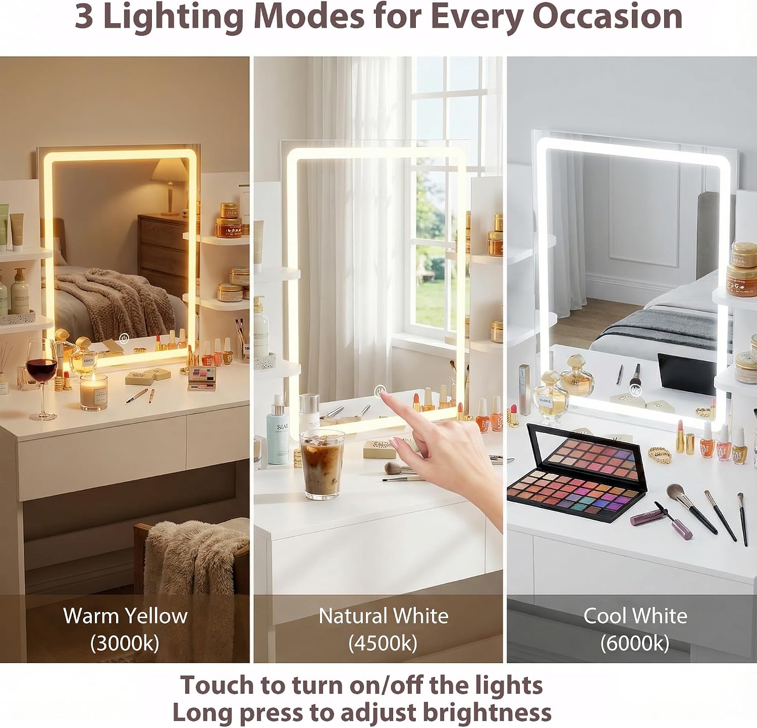Furmax Vanity Desk with Mirror and LED Lights, Makeup Vanity Table with 3 Lighting Color, Adjustable Brightness, Vanity Table with 2 Drawers, Side Storage, for Bedroom (White, with Bench)