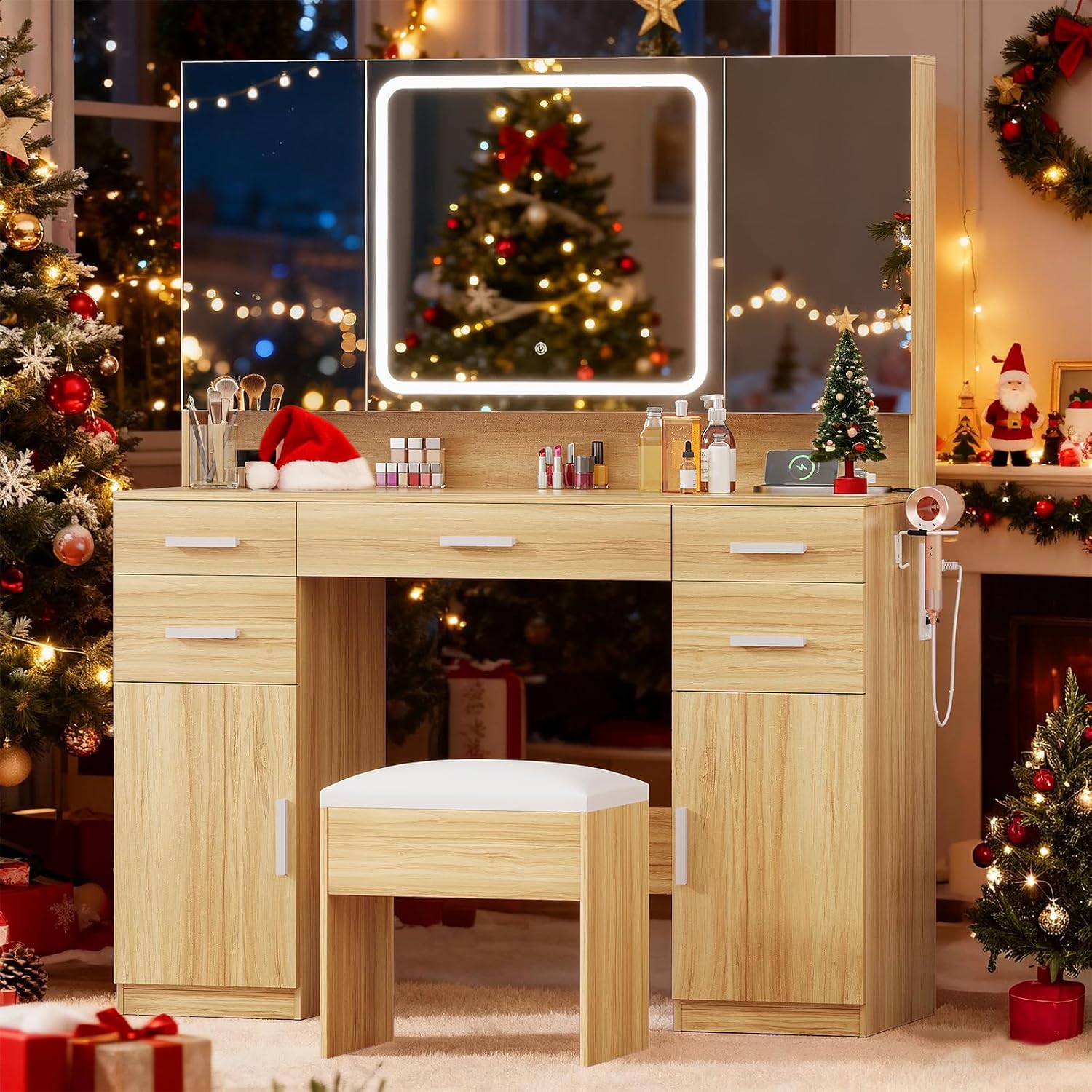 Airynee Vanity Desk with Mirror and Light, 9 Drawers Makeup Vanity Tables with Power Outlet, Tri-Folding & 3 Colors Adjustable LED Lighted Mirror, Vanities Desk Set for Bedroom, Dressing Room, Oak