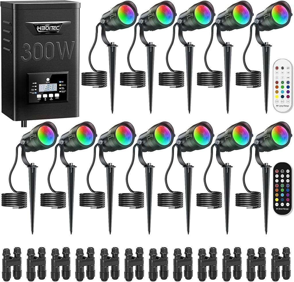 HIBOITEC 12W RGBCWWW Landscape Lighting Kit with 300W Low Voltage UL Transformer, 12-Pack Water Proof Color Changing Outdoor Spotlights for Yard Tree, DIY Holiday RF Remote No App