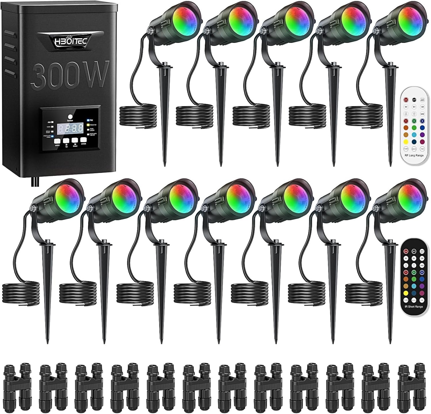 HIBOITEC 12W RGBCWWW Landscape Lighting Kit with 300W Low Voltage UL Transformer, 12-Pack Water Proof Color Changing Outdoor Spotlights for Yard Tree, DIY Holiday RF Remote No App