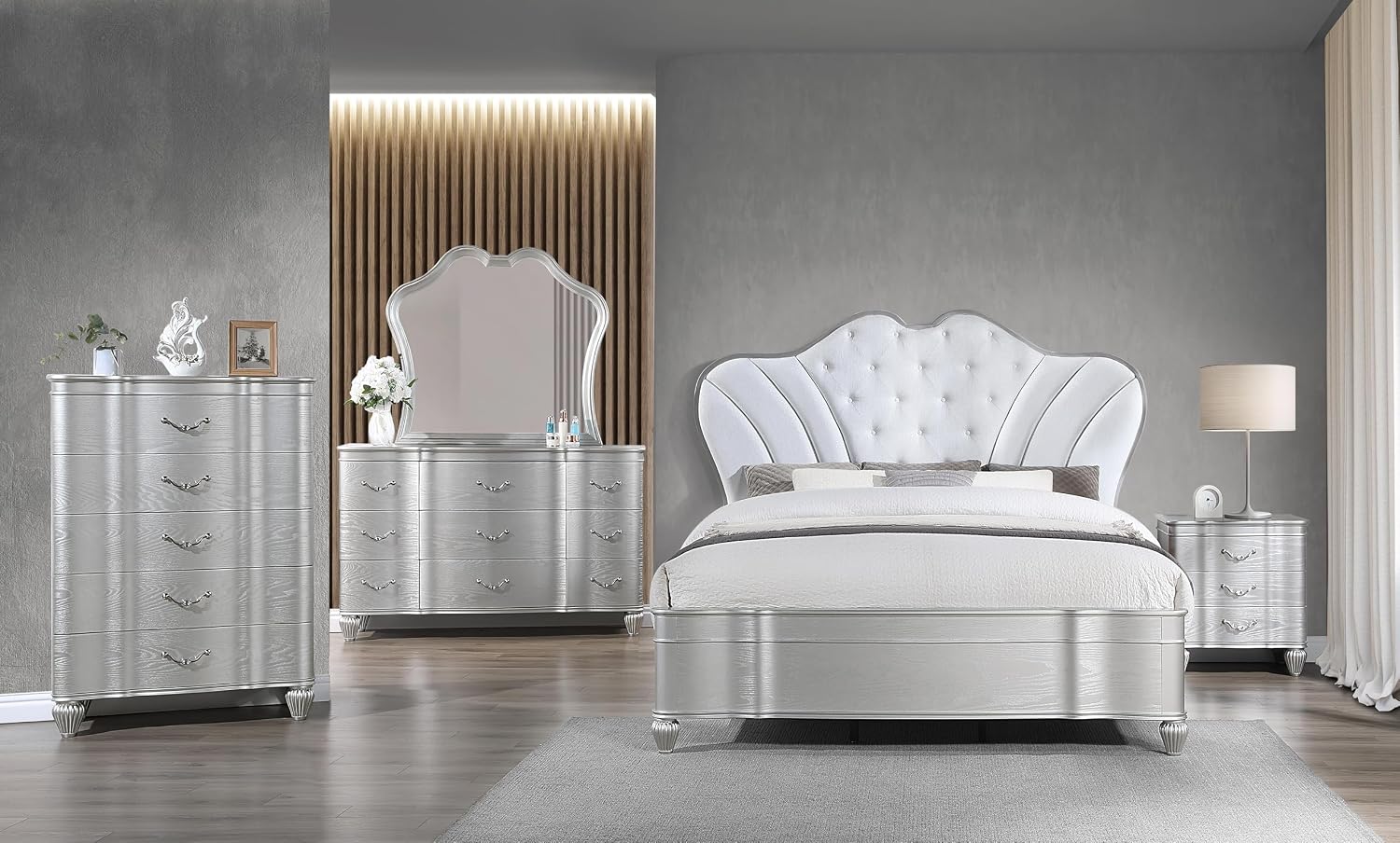 Landmark Traditional Style 5 Pc King Bedroom Set with Upholstered Button Tufted Bed Made with Wood in Silver