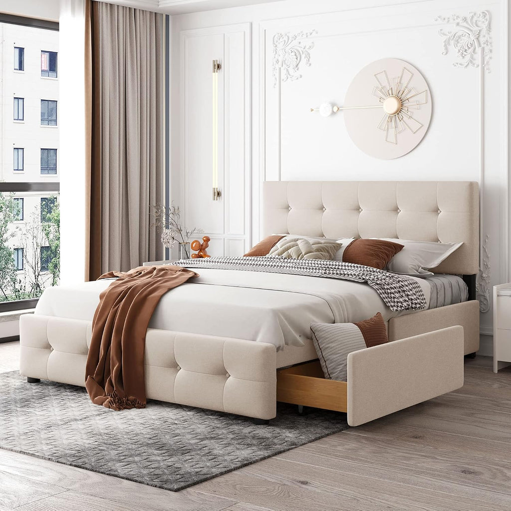 Merax Queen Size Beige Linen Fabric Upholstered Platform Bed with 4 Storage Drawers and Classic Headboard, No Box Spring Needed