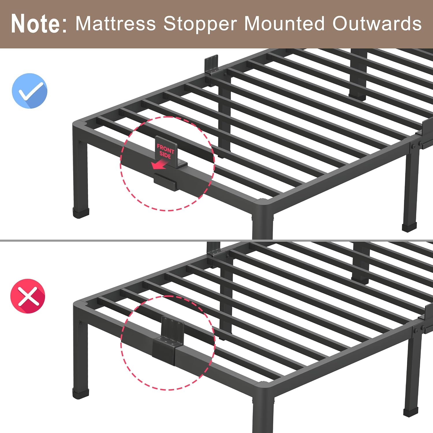 ROIL 14 Inch King Size Bed Frame with Mattress Slide Stopper - Double Black Basic Anti Squeak Steel Slats Metal Platform, Heavy Duty Noise Free Easy Assembly Bedframes, No Box Spring Needed