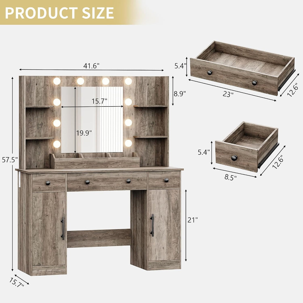 Vanity Desk with Mirror and Lights, 43'' Makeup Dressing Table Set with 5 Drawers & Power Outlet, 3 Lighting Modes Brightness Adjustable, Vanity with RGB Ambient Light for Women Girls Bedroom, Grey