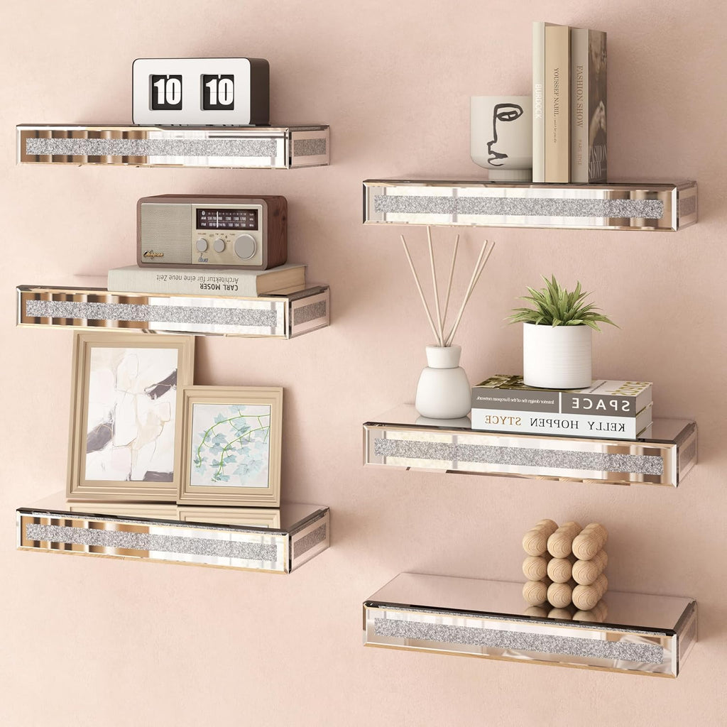 SHYFOY Mirrored Floating Shelves Set of 6, Bling Shelves for Wall Decor, Silver Glass Shelf for Bedroom, Bathroom Storage Shelves, Book Shelves for Living Room