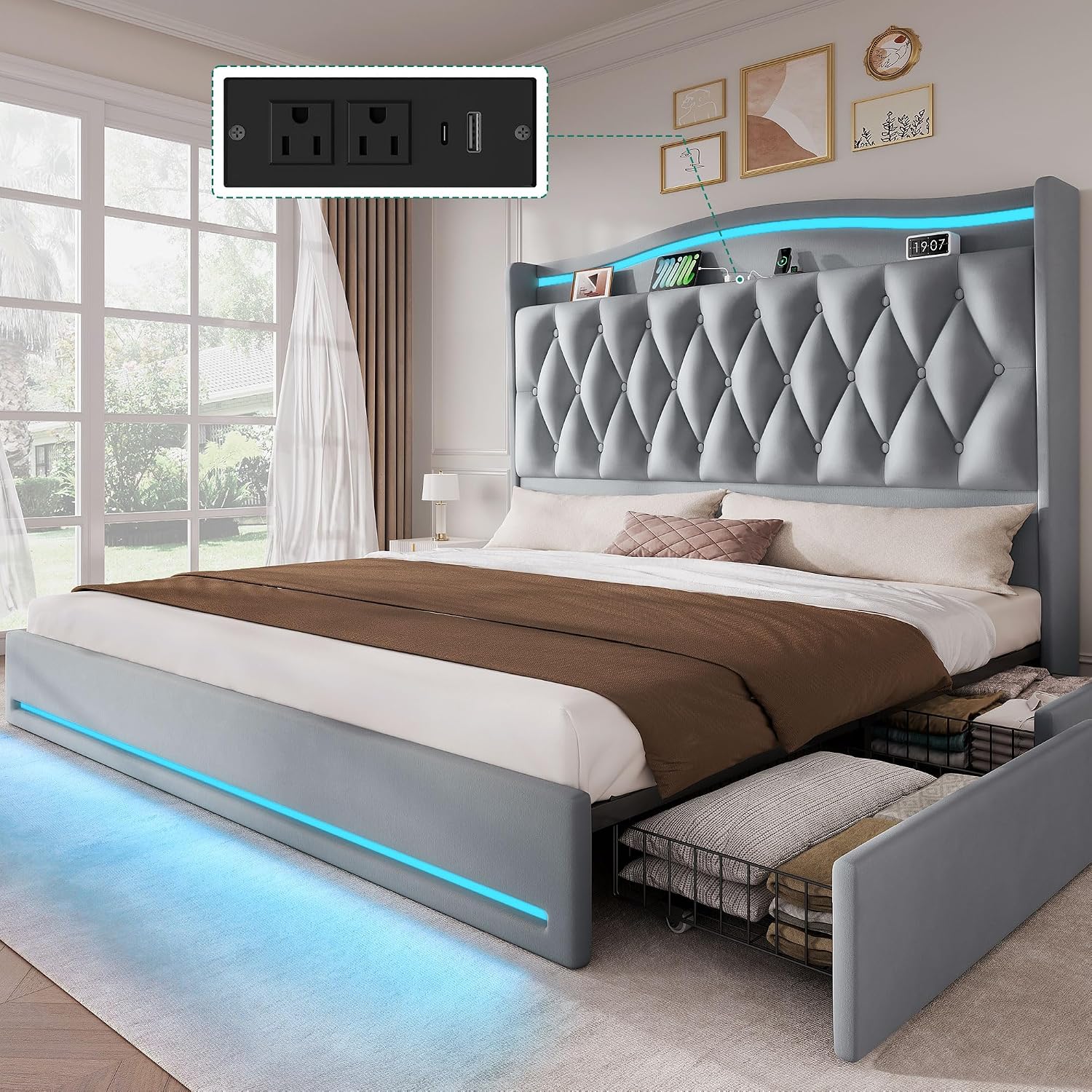 DWVO King Size Bed Frame with 4 Storage Drawers and RGB LED Lights, 57'' Tall Headboard Velvet Upholstered Bed with Charging Station, No Box Spring Needed, Easy Assembly, Noise-Free, Dark Grey