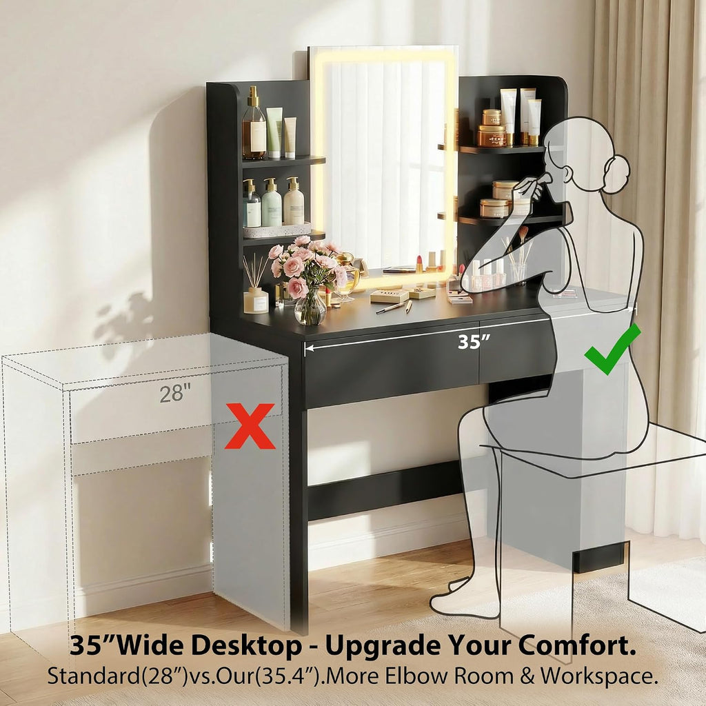 Furmax Vanity Desk with Mirror and LED Lights, Makeup Vanity Table with 3 Lighting Color, Adjustable Brightness, Vanity Table with 2 Drawers, Side Storage, for Bedroom (Black, No Bench)
