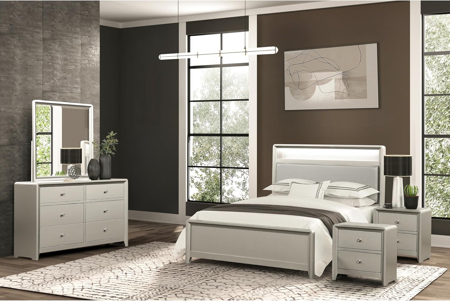 Furniture of America Standin Modern Solid Wood 5-Piece Bedroom Set with LED on Bookcase Headboard, USB-A and USB-C on Both Sides, Brushed Nickel Finish, Box Spring Needed, Full, Champagne