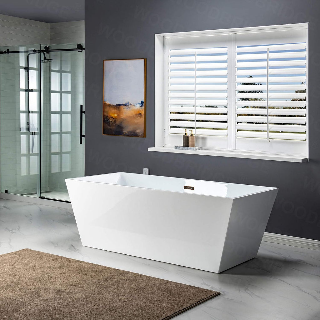 WOODBRIDGE 67' Acrylic Freestanding Bathtub Contemporary Soaking White Tub with Oil Rubbed Bronze Overflow and Drain，BTA1512-ORB-Drain&O