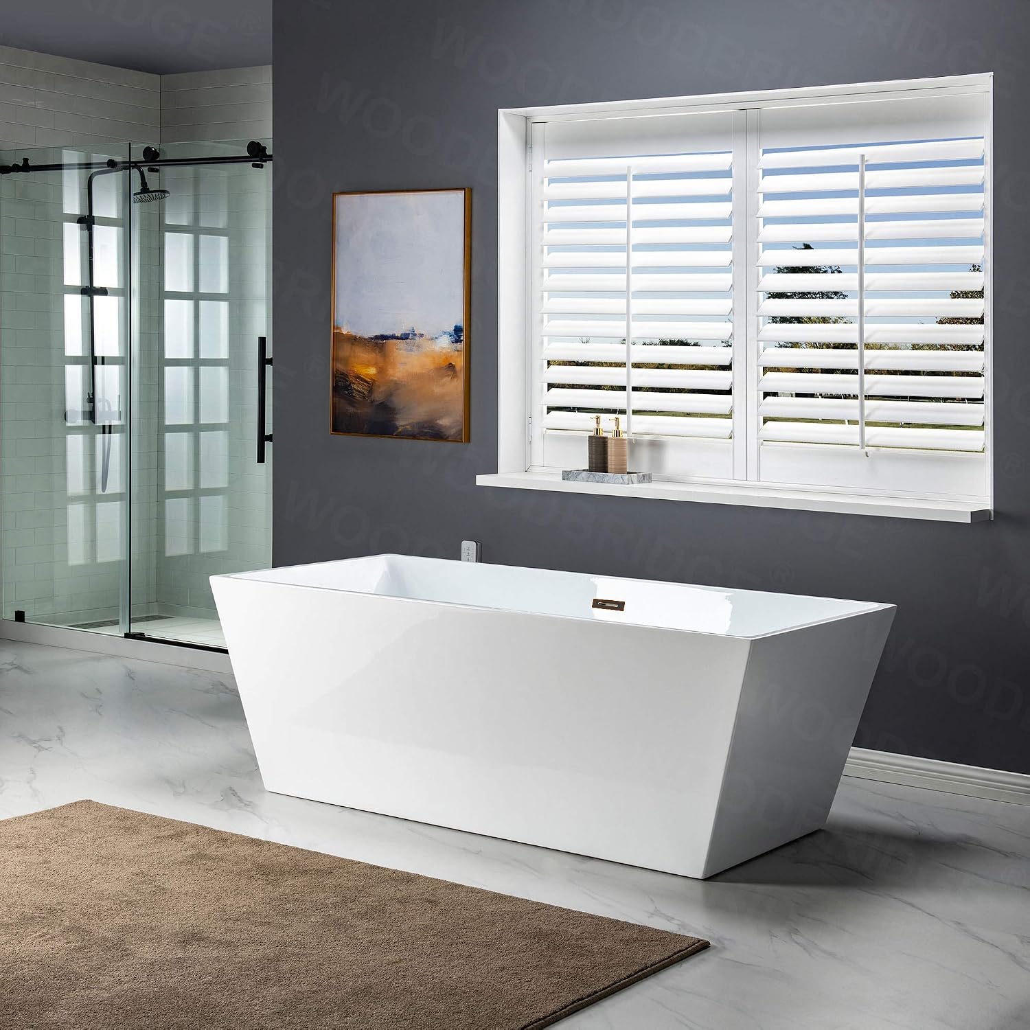 WOODBRIDGE 67' Acrylic Freestanding Bathtub Contemporary Soaking White Tub with Oil Rubbed Bronze Overflow and Drain，BTA1512-ORB-Drain&O