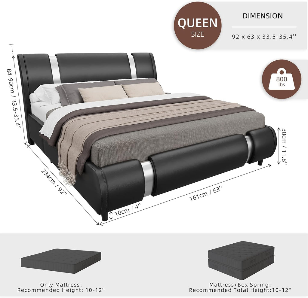Keyluv Modern Faux Leather Upholstered Platform Bed Frame with Metal Decoration Headboard, Wooden Slats Support, No Box Spring Needed, Queen Size, Black