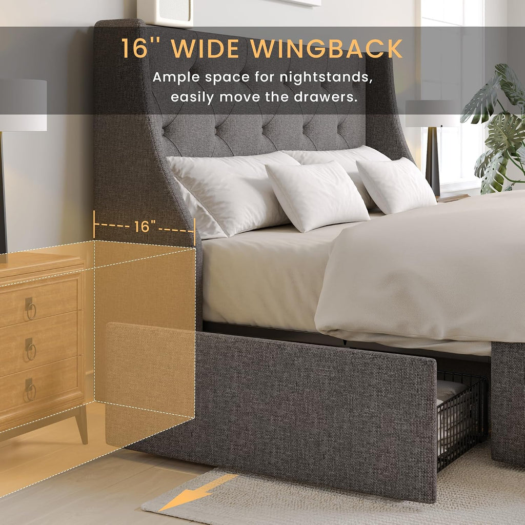 SHA CERLIN Upholstered Queen Size Platform Bed Frame with 4 Storage Drawers and Wingback Headboard, Diamond Stitched Button Tufted Design, No Box Spring Needed, Light Grey