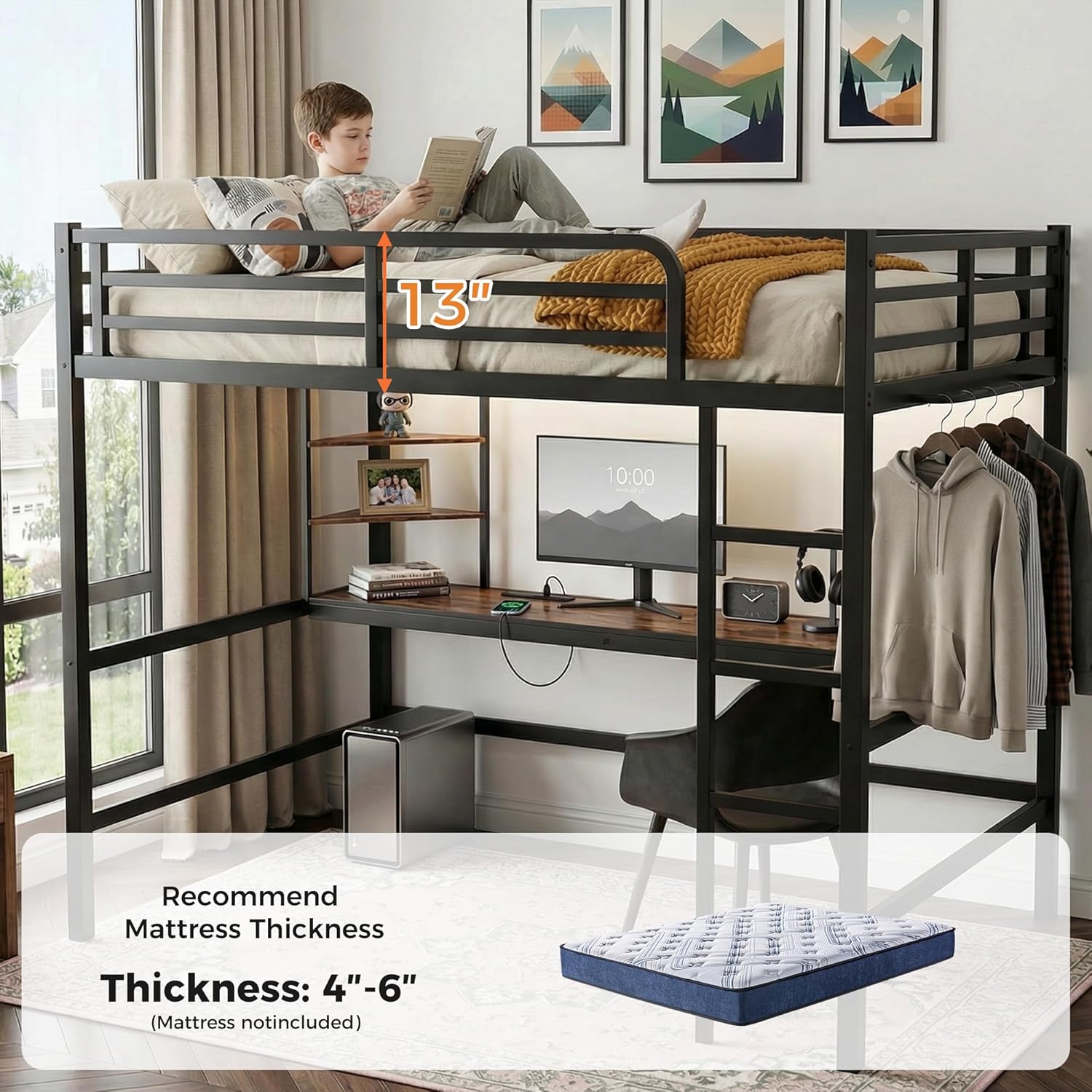 Queen Size Metal Loft Bed with Desk, LED Lights & USB Charging Station, Sturdy Noise-Free High Loft Bed Frame with Safety Guardrails, Space-Saving Loft Bedframe for Adults, Kids, Teens, Black (Queen)