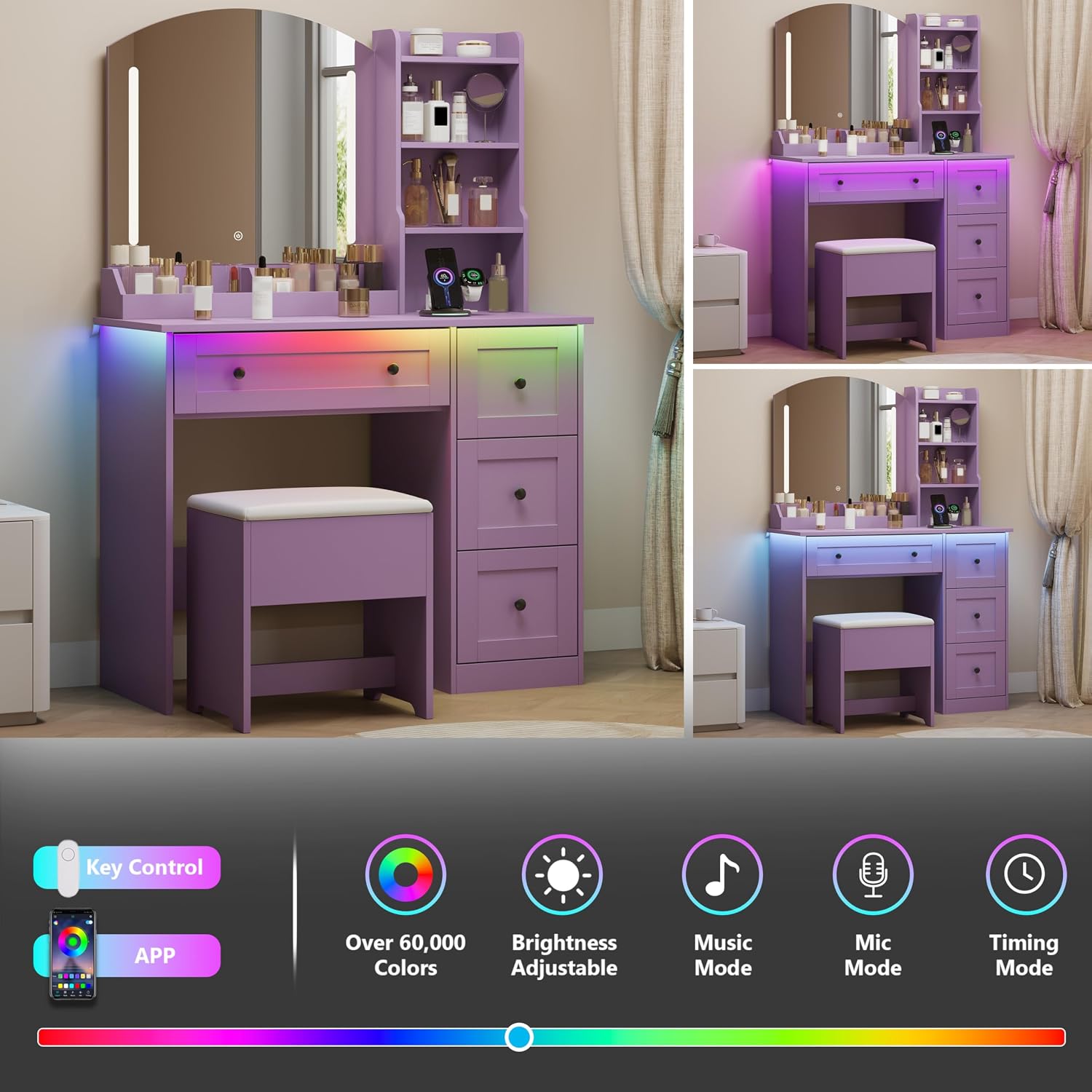 App & Button Controlled RGB Vanity with Arc Mirror, Small Makeup Vanity Table Set with Drawers & Chair, 3 Lighting Modes & Adjustable Brightness with Power Outlet, Vanity for Women Girls Bedroom