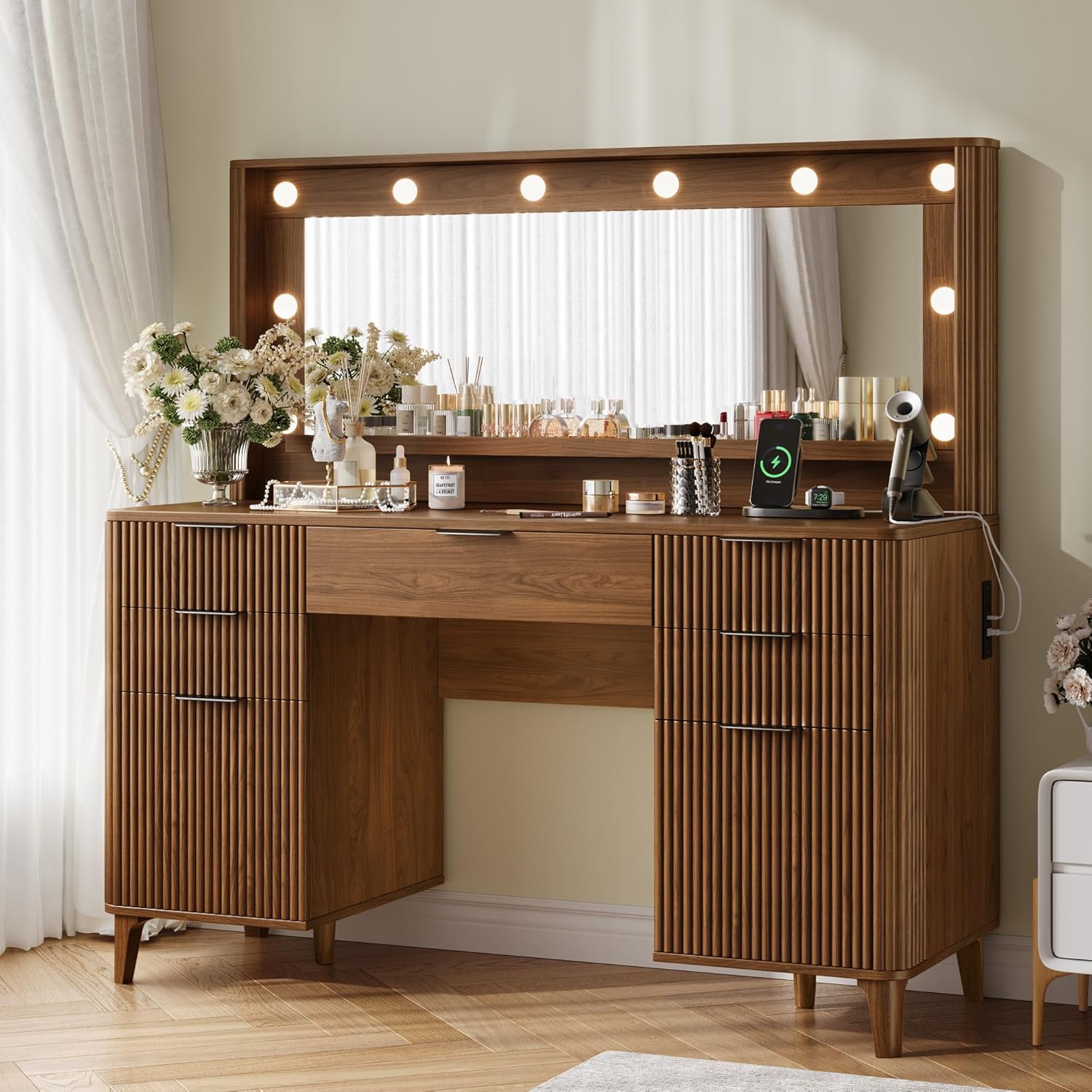 Fluted Makeup Vanity Desk with Large 39.3' Mirror and Lights, 48.8' Wood Vanity, Large Vanity Dressing Table, Modern Wooden Vanity Table for Women and Girls, Bedroom or Dorm (Walnut)