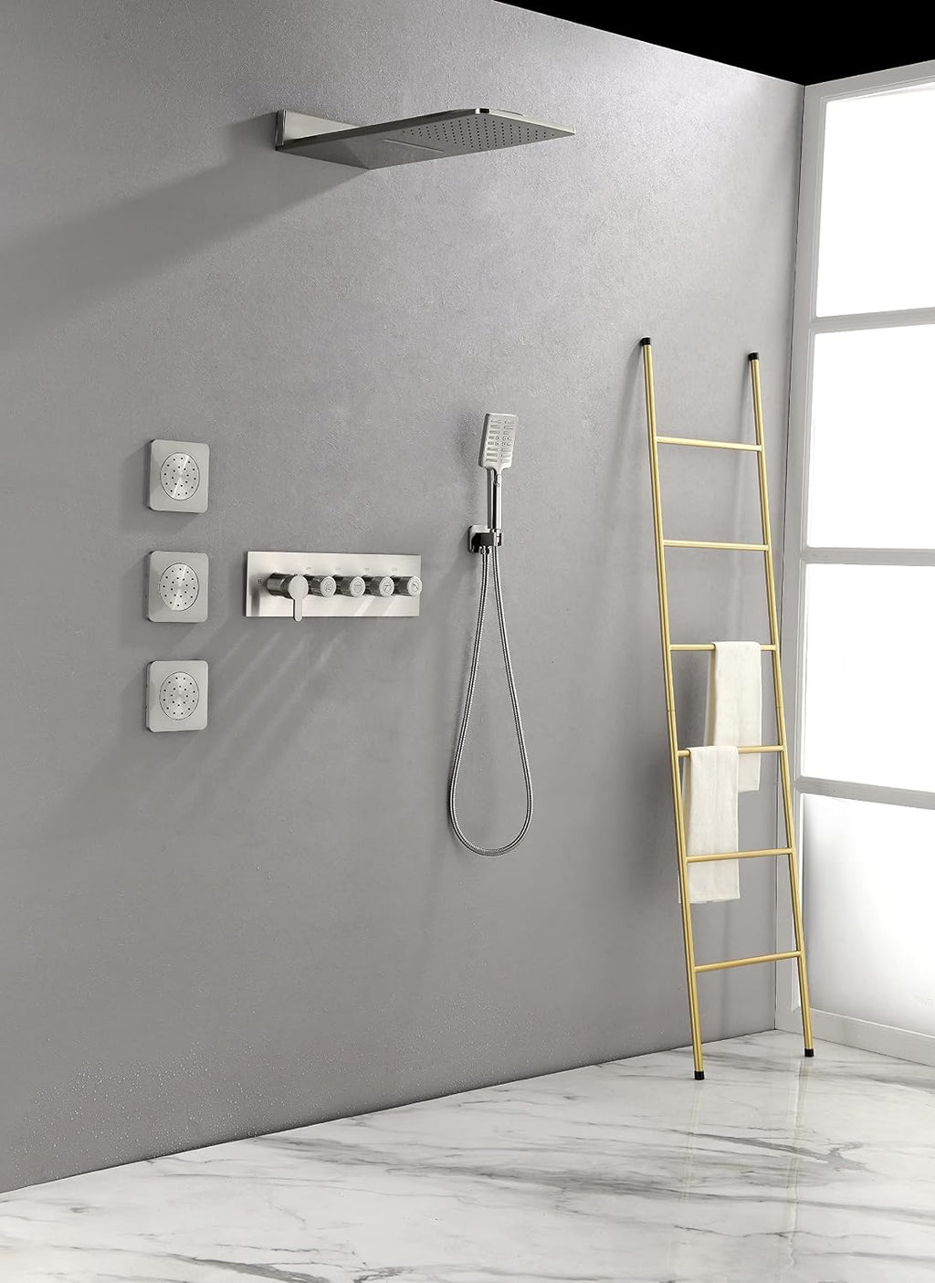 Luxury Thermostatic Waterfall Wall Mounted Rain Shower System with 3 Body Sprays & Handheld Shower Bathroom Shower Combo Set,Solid Brass Rough-in Valve Included for Bathroom (Brushed Nickel)