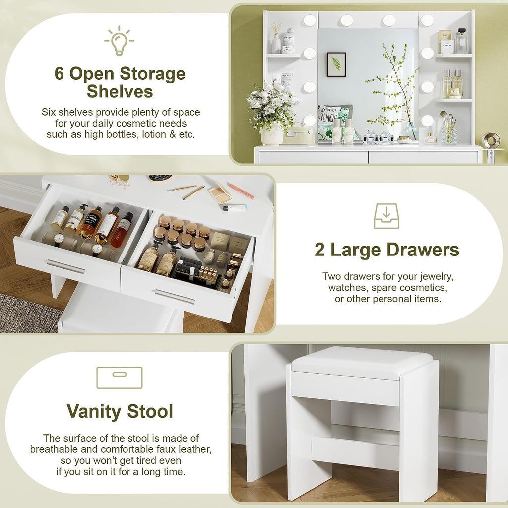 YESHOMY Vanity Desk with Mirror, Makeup Table with 2 Large Drawers, Power Outlet and Round Holder, 3 Color Modes Adjustable Bulb, Bench Included, Easy Assembly, Gloss White