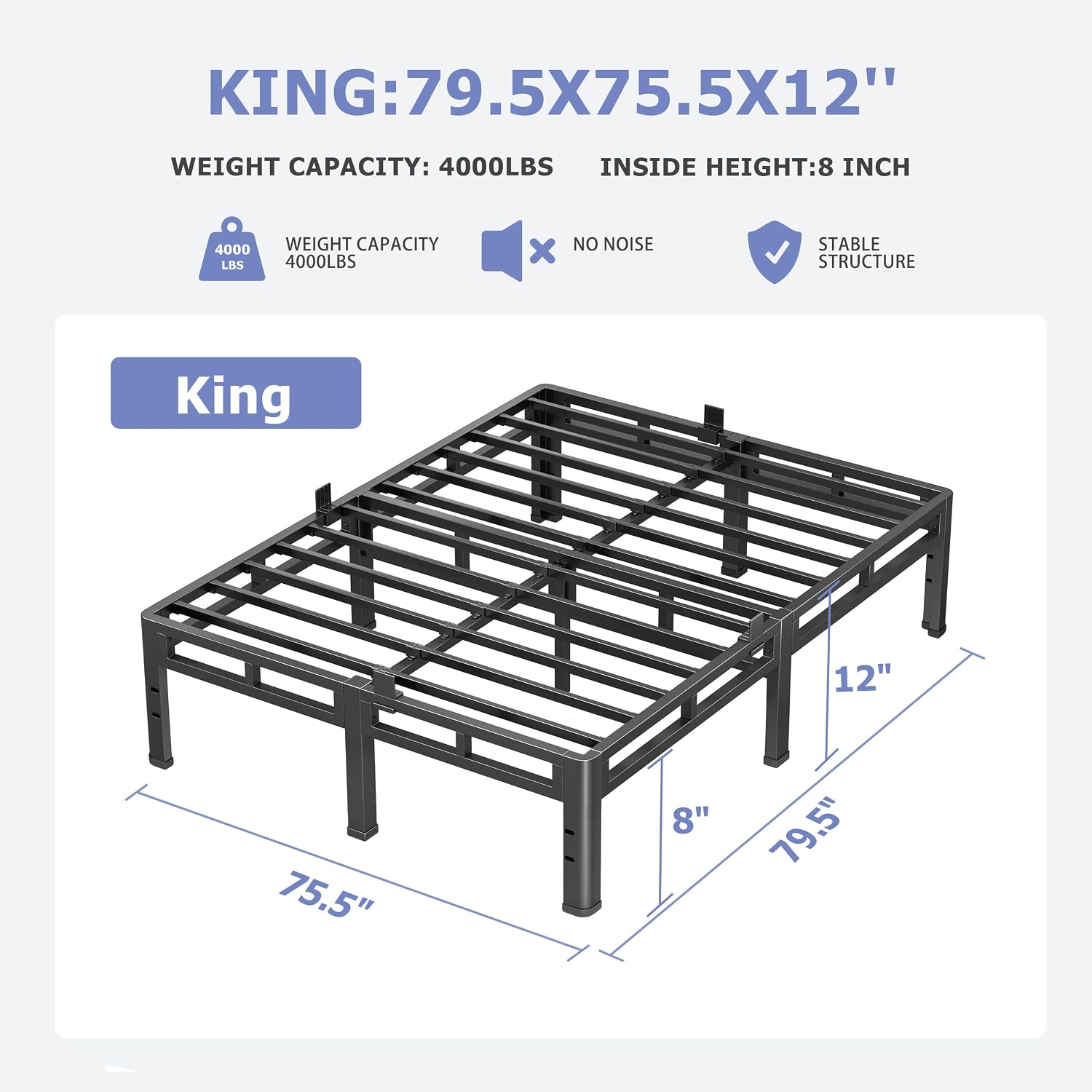 NKZ 12 Inch King Size Bed Frame, Metal Bed Frame & Box Spring 2 in 1 Platform with Round Corner Legs, 4000Lbs Heavy Duty Metal Frame, Mattress Slide Stopper, Headboard Hole, Noise-Free, Easy Assembly