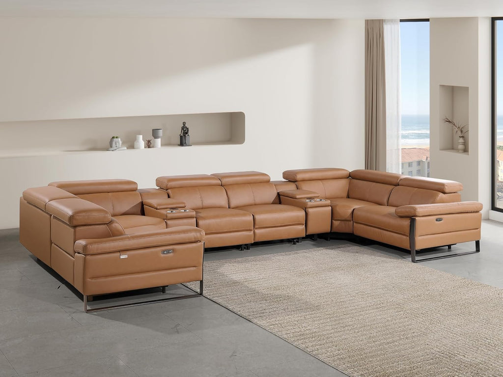 BlackJack Furniture Antonio 8 Piece U Shaped Power Reclining Sectional Sofa, Modular Couch with Top Grain Italian Leather, 4 Electric Recliners, USB & Wireless Chargers, Storage Console, Cognac