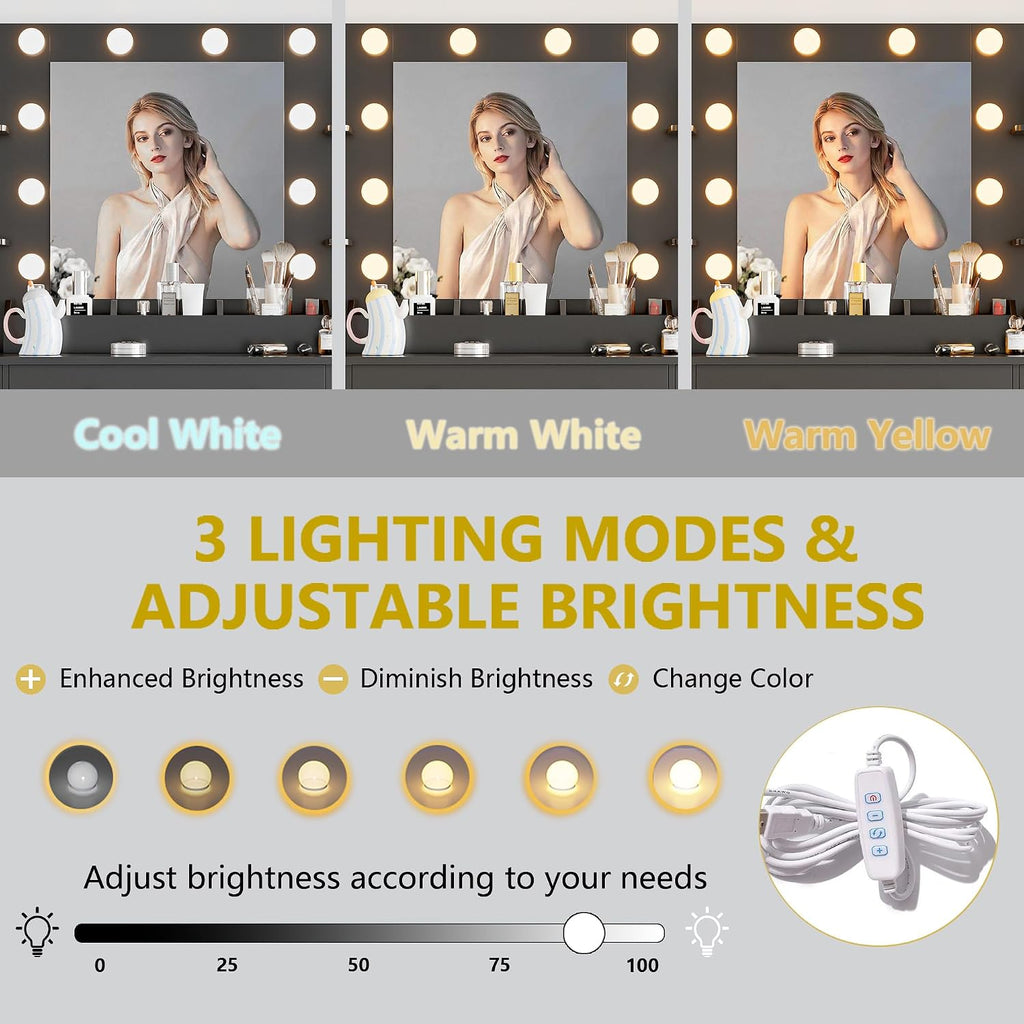 Vanity Desk with Mirror and Lights, 43'' Makeup Dressing Table Set with 5 Drawers & Power Outlet, 3 Lighting Modes Brightness Adjustable, Vanity with RGB Ambient Light for Women Girls Bedroom, Black