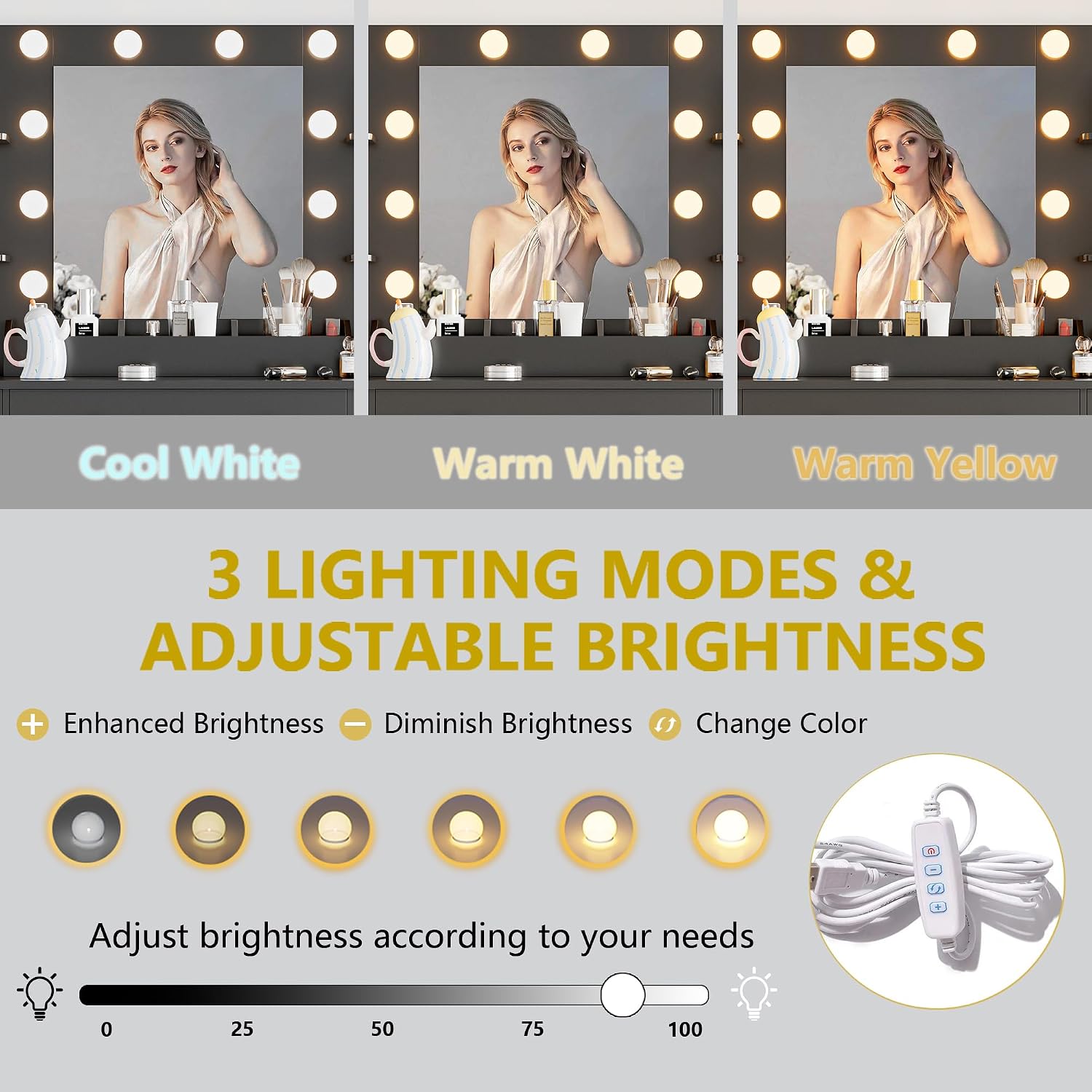Vanity Desk with Mirror and Lights, 43'' Makeup Dressing Table Set with 5 Drawers & Power Outlet, 3 Lighting Modes Brightness Adjustable, Vanity with RGB Ambient Light for Women Girls Bedroom, Black