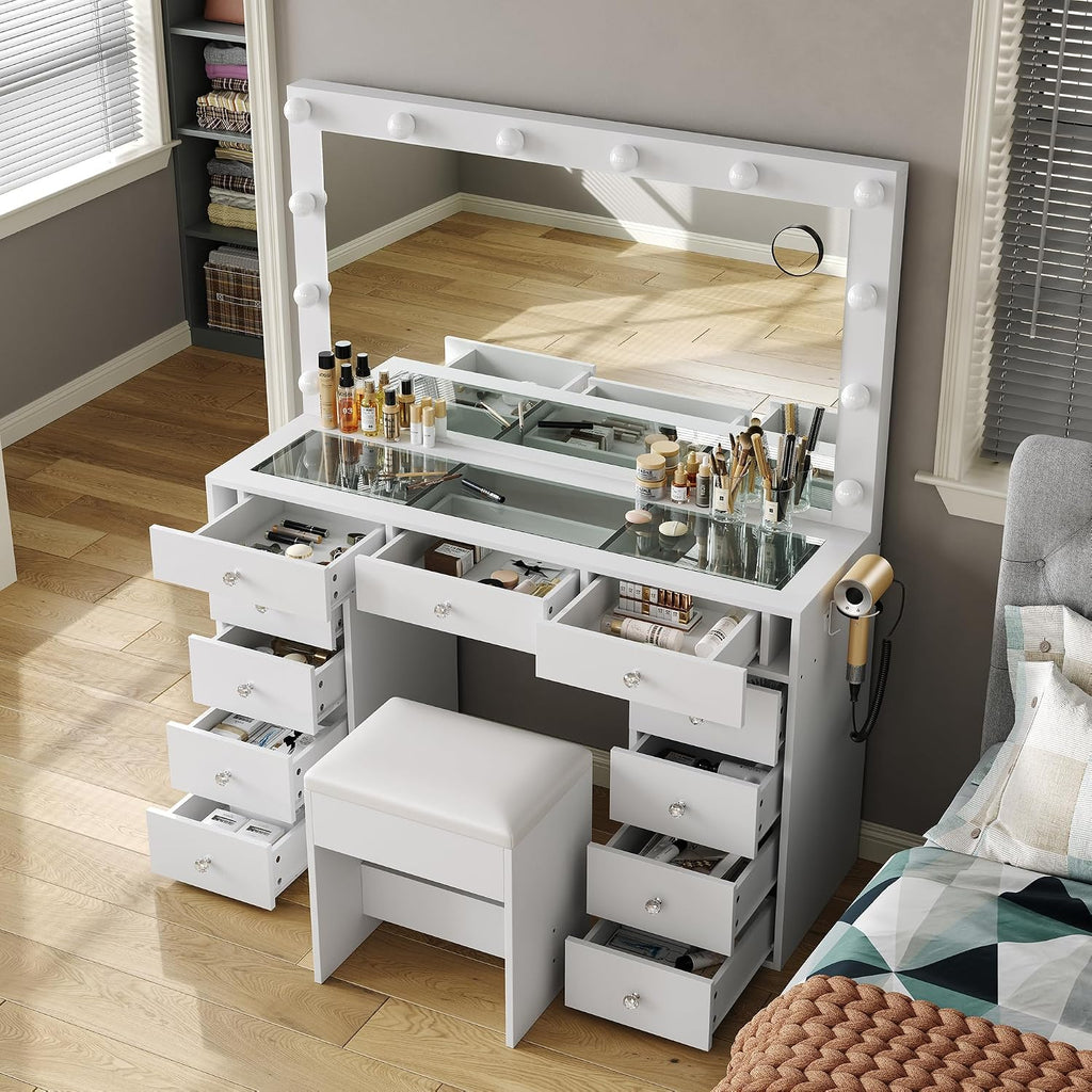 FUSOU Vanity Desk with Power Outlet, Makeup Vanity with Mirror and 12 LED Lights, 3 Lighting Modes,11 Drawers Vanity Table with Chair, Glass Top, Dressing Table for Bedroom,Dressing Room, White
