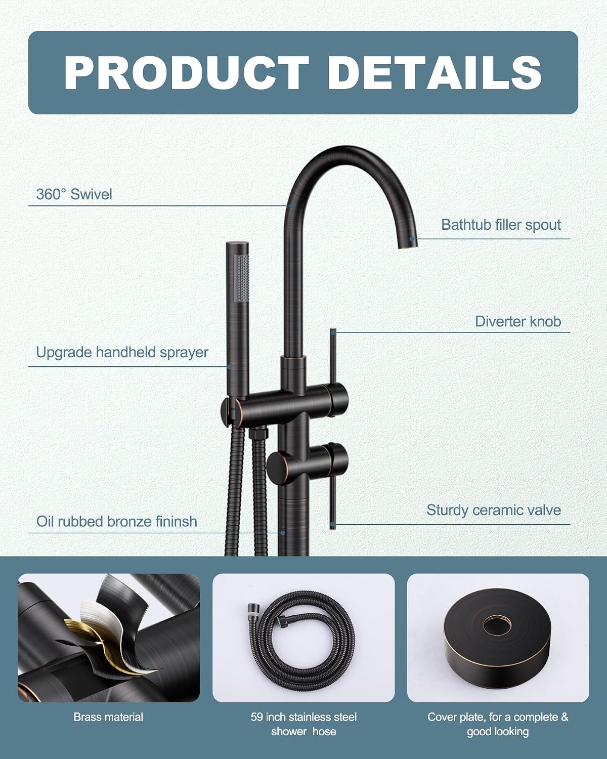 Freestanding Tub Filler Faucet Bronze: High Flow Brass Floor Mount Bathtub Filler, Swivel Gooseneck Spout with Single Handheld Sprayer for Bath Shower, Oil Rubbed Bronze