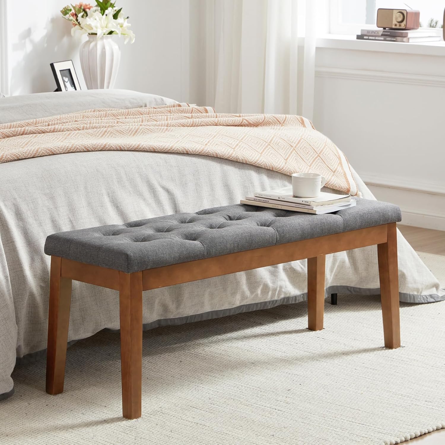 Ottoman Bench Upholstered Padded Seat with Solid Wood Legs and Button-Tufted, Linen Dark Gray